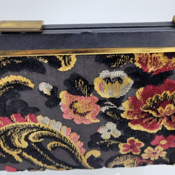 Vintage 60s Verdi Tapestry Carpet Bag Clutch Black 3D Embroidered Floral Framed - Picture 7 of 13